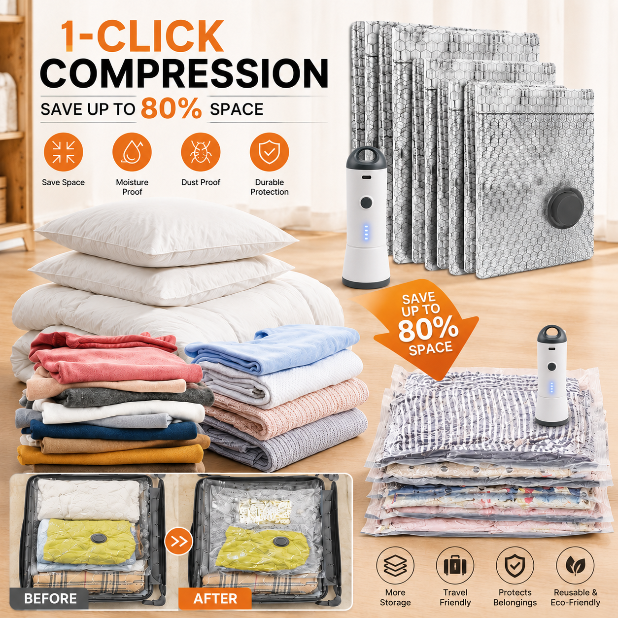 ✨💞50K+ SOLD!👵🧳  Cordless Vacuum Storage Set, 140L/min pump. Shrinks clothes, saves space. Waterproof & reusable. Holiday essential. 🎒