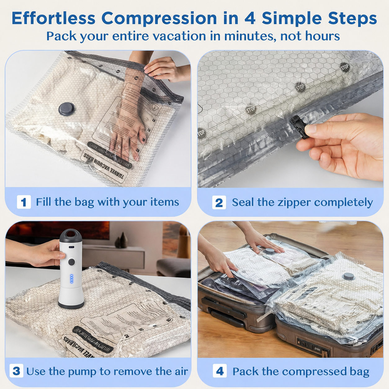 ✨💞50K+ SOLD!👵🧳  Cordless Vacuum Storage Set, 140L/min pump. Shrinks clothes, saves space. Waterproof & reusable. Holiday essential. 🎒