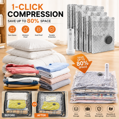 ✨🥳50K+ SOLD!👵🧳  Cordless Vacuum Storage Set, 140L/min pump. Shrinks clothes, saves space. Waterproof & reusable. Holiday essential. 🎒⚡